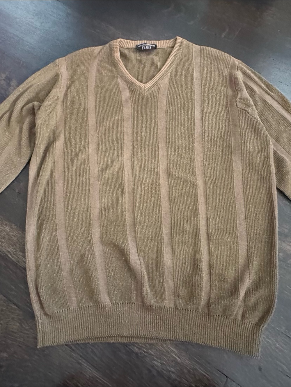 Luciano Barbera Olive and Tan Vertical-Stripe V-Neck Sweater